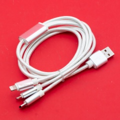 Кабель USB A - microUSB - USB C - Lightning 8-pin 2A (F85 3 в 1) серый плетеный