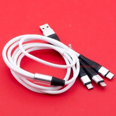 Кабель USB A - microUSB - USB C - Lightning 8-pin 2A (F133 3 в 1) белый плетеный