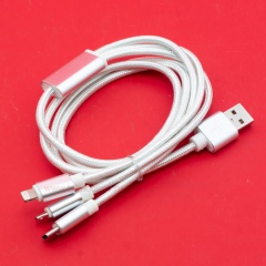  Кабель USB A - microUSB - USB C - Lightning 8-pin 2A (F85 3 в 1) серый плетеный