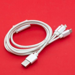 Кабель USB A - microUSB - USB C - Lightning 8-pin 2A (F85 3 в 1) серый плетеный фото 3