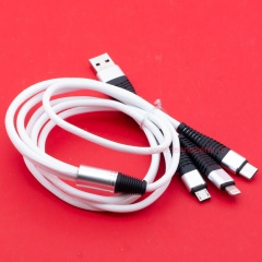  Кабель USB A - microUSB - USB C - Lightning 8-pin 2A (F133 3 в 1) белый плетеный