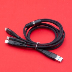  Кабель USB A - microUSB - USB C - Lightning 8-pin 2A (F133 3 в 1) черный плетеный