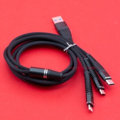 Кабель USB A - microUSB - USB C - Lightning 8-pin 2A (F133 3 в 1) черный плетеный фото 2