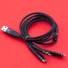 Кабель USB A - microUSB - USB C - Lightning 8-pin 2A (F133 3 в 1) черный плетеный фото 3