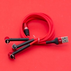  Кабель USB A - microUSB - USB C - Lightning 8-pin 2A (F161 3 в 1) красный плетеный