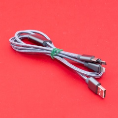 Кабель USB A - microUSB - USB C - Lightning 8-pin 2A (F85 3 в 1) темно-серый плетеный фото 2