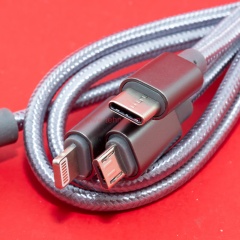 Кабель USB A - microUSB - USB C - Lightning 8-pin 2A (F85 3 в 1) темно-серый плетеный фото 3