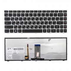 Клавиатура для ноутбука Lenovo Flex 2 14 черная с серебристой рамкой, с подсветкой